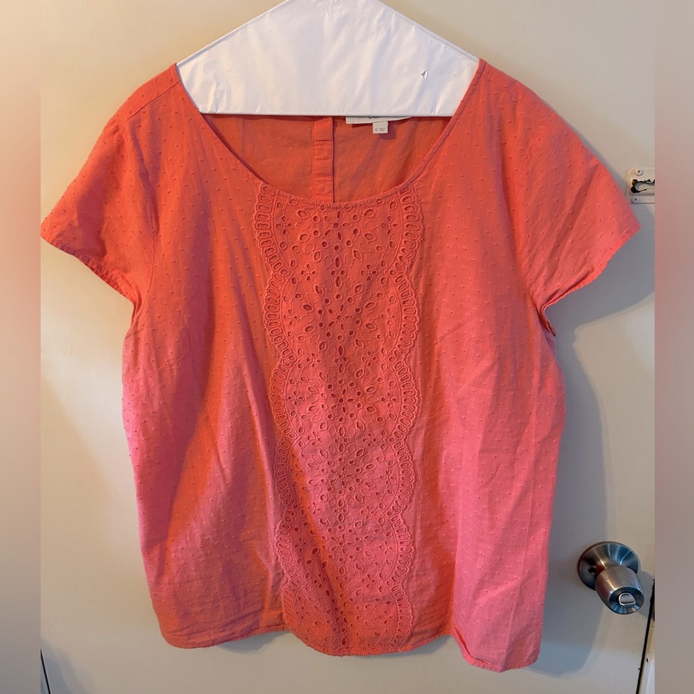 Loft coral, short sleeve blouse with eyelet detail
